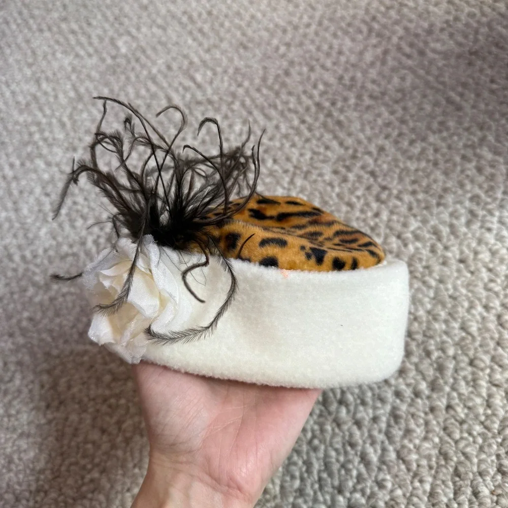 Kids Vintage Style Leopard Print Pillbox Hat with Rose and Feathers Cream